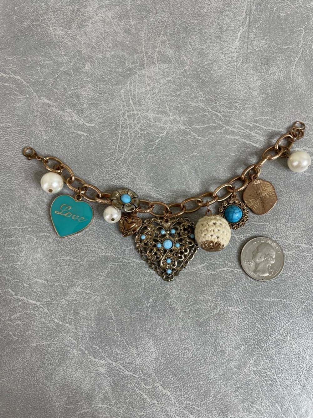 Turquoise & Gold Heart Charm Bracelet - Women Jewelry - Picture 4 of 6